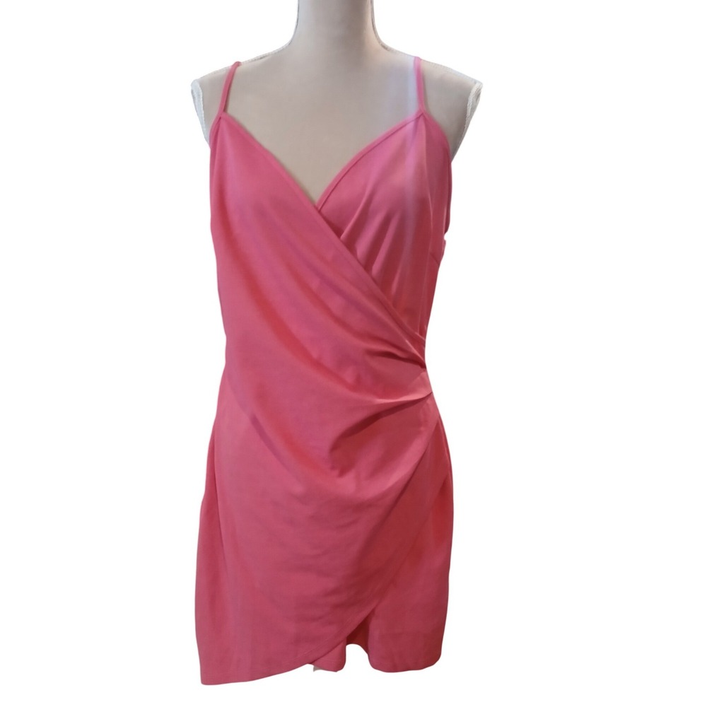New Coral Pink Wrap Front Ruched Mini Dress XL Sleeveless Spaghetti Strap